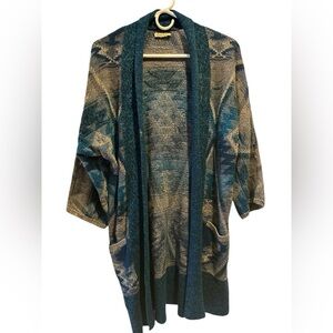 Lucky Brand tribal print gray turquoise 3/4 sleeves open front cardigan